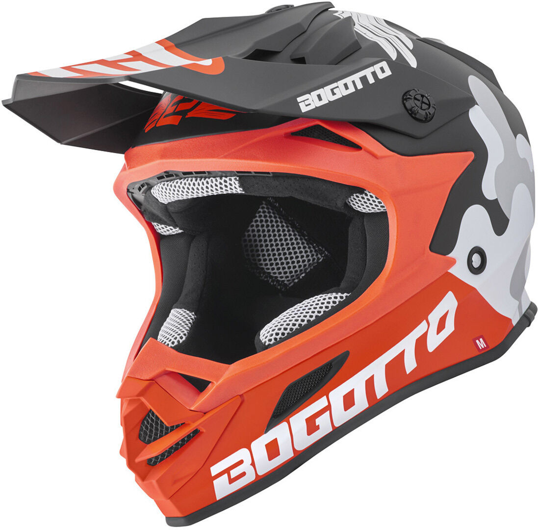 bogotto v328 camo casco motocross in fibra di vetro nero bianco arancione m