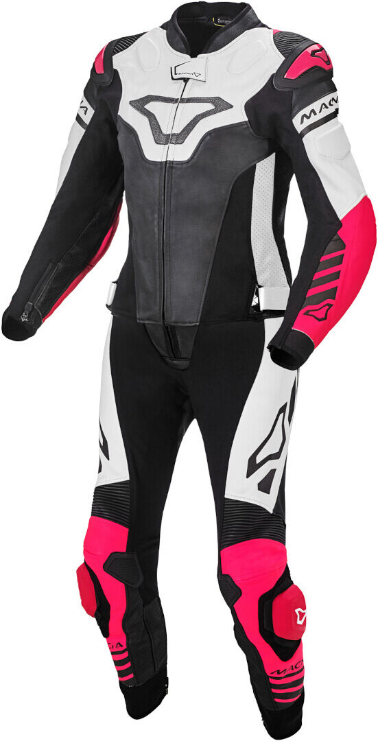 Macna Tracktix Ladies Two Piece Moto Tuta in pelle Nero Bianco Rosa 38