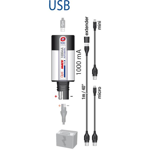 optimate caricabatterie usb  con monitor a batteria, spina sae (n. 100), 2400ma