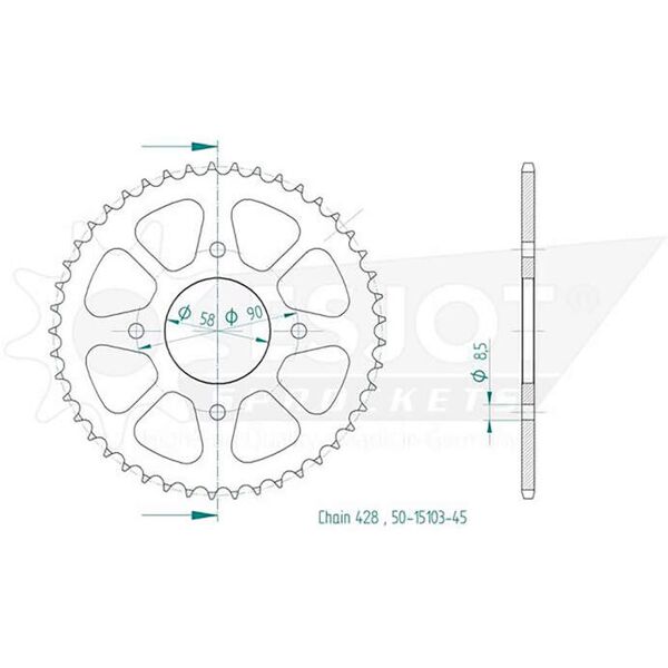 esjot ruota a catena, 45 denti, 428 pece (1/2x5/16)