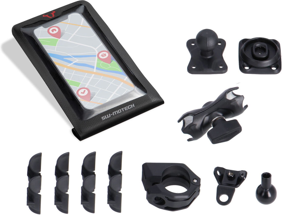 sw-motech kit di montaggio gps universale con borsa a secco per smartphone - braccio di presa da 2, per filettatura manubrio/specchietto