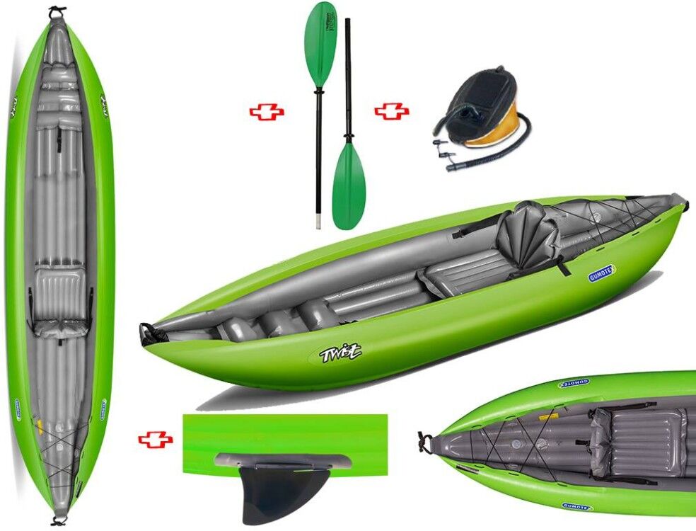 Gumotex Canoa Gonfiabile Twist1 Verde Con Pinna 043948-G (1c/11c) + Pagaia Touring-2 Div. In 2 Parti + Pompa