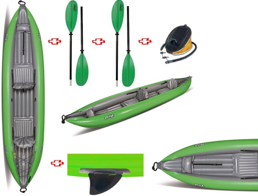 Gumotex Canoa Gonfiabile Twist2/1 Verde Con Pinna 045355-G (1c/11c) + 2 Pagaie Touring-2 Div. In 2 Parti + Pompa