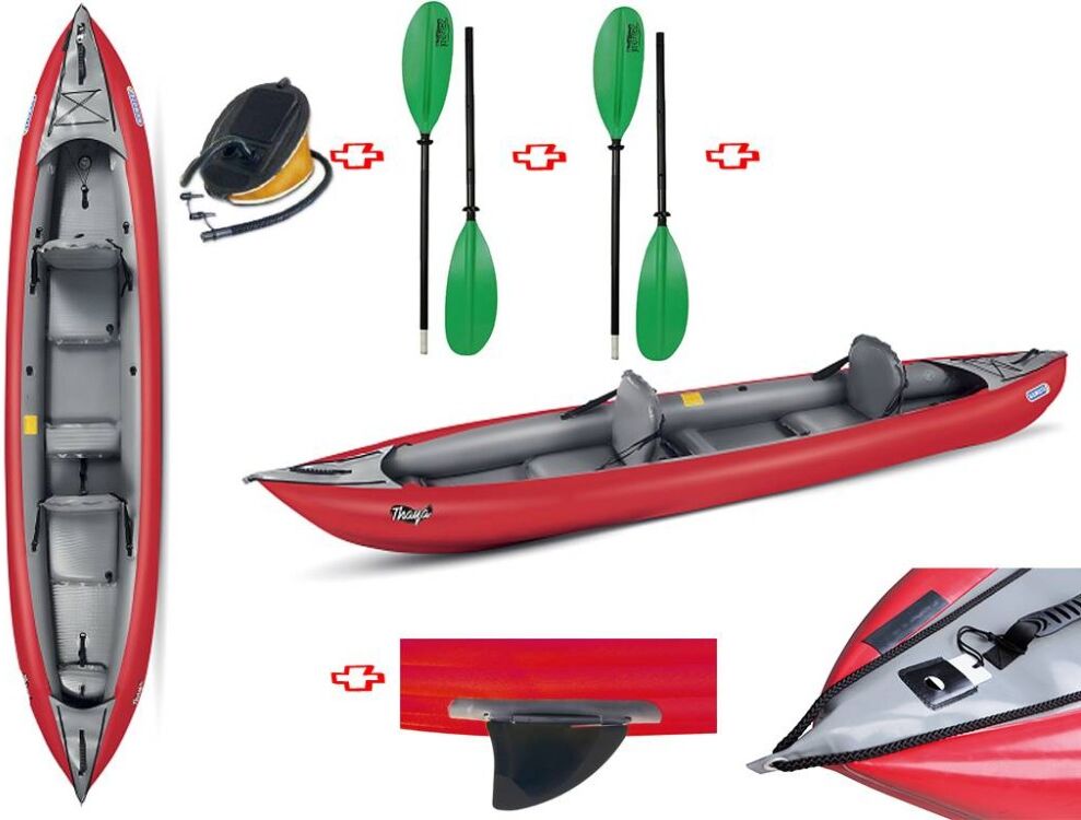 Gumotex Canoa Gonfiabile Thaya Rossa Con Pinna 045500-R (5c/11c) + 2 Pagaie Touring-2 Div. In 2 Parti + Pompa