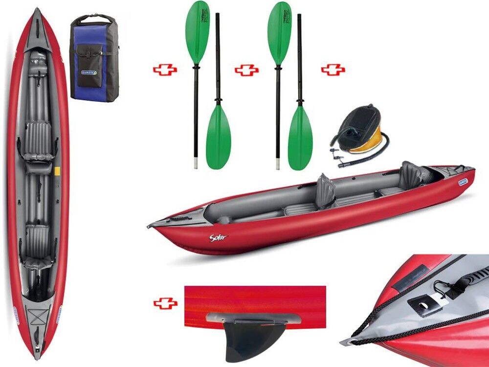 Gumotex Canoa Gonfiabile Solar Rossa Con Pinna 045383-R (5c/11c) + 2 Pagaie Touring-2 Div. In 2 Parti + Pompa