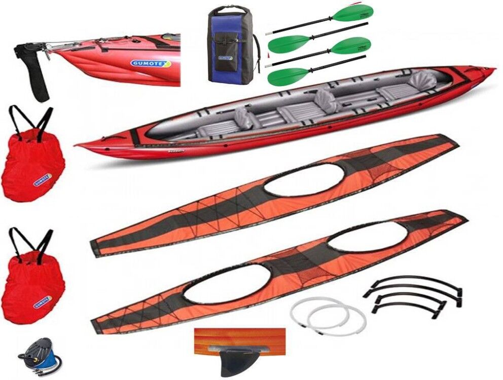 Gumotex Canoa Gonfiabile Seawave Set Rossa Con Pinna 044115-R (5c/11c) + 2 Pagaie Touring-2 Div. In 2 Parti + Pompa