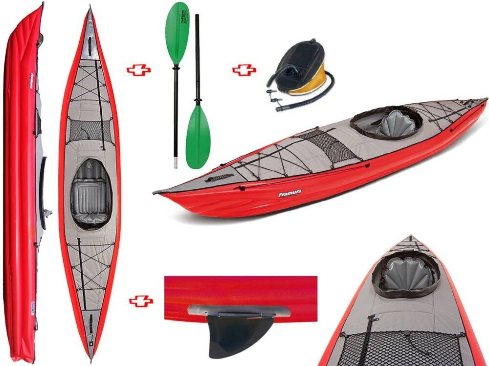 Gumotex Canoa Gonfiabile Framura Rossa Con Pinna 045220-R (5c/11c) + Pagaia Touring-2 Div. In 2 Parti + Pompa