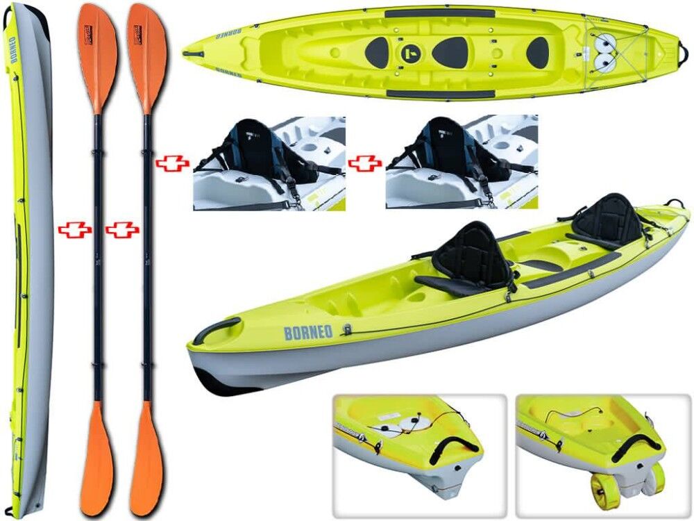 Tahe - Bic Sport Canoa Rigida Borneo Lime/grey 107054 + 2 Pagaie Touring-1 Fissa + 2 Schienalini Standard Tahe / Bic Sport