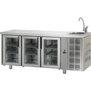 Tecnodom Tavolo Refrigerato 3 Porte GN 1/1 in Vetro con Lavello Destro Cm 187 x 70 x 115