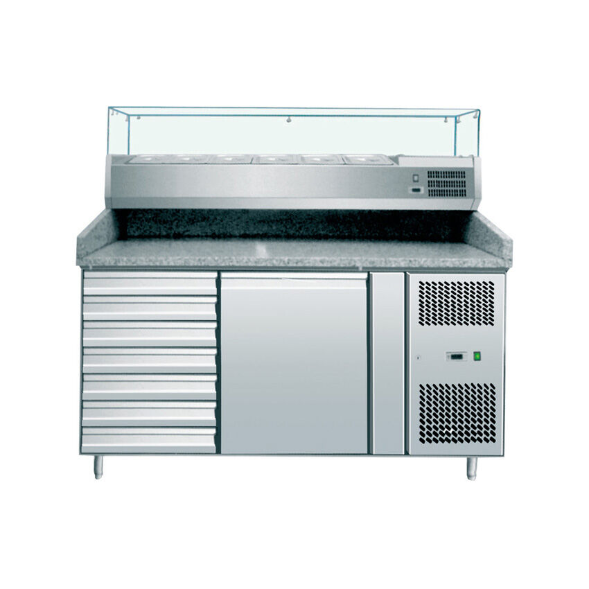 Amitek Banco Pizza Refrigerato Ventilato 1 Porta - 7 Cassetti - Vetrina 7 Bacinelle GN1