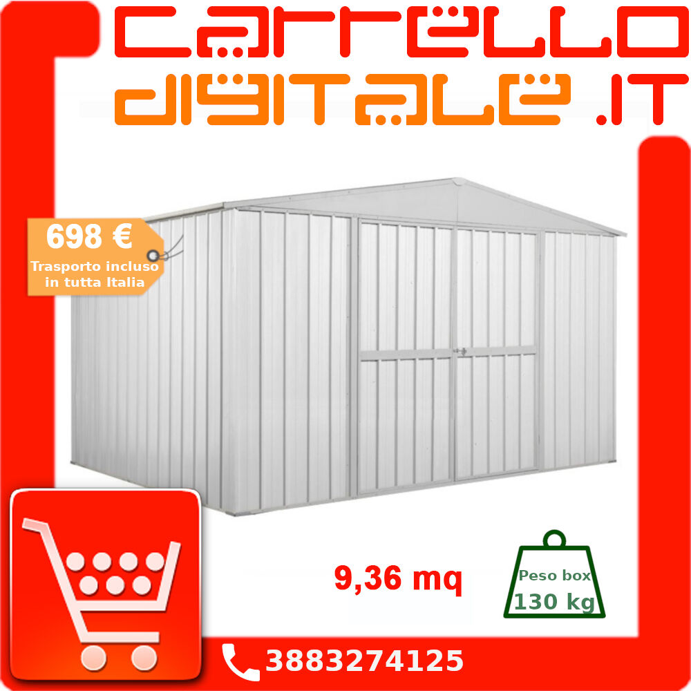 Box in Acciaio Zincato Casetta da Giardino in Lamiera 3.60 x 2.60 m x h2.12 m  - 130 KG - 9,36 metri quadri - BIANCO