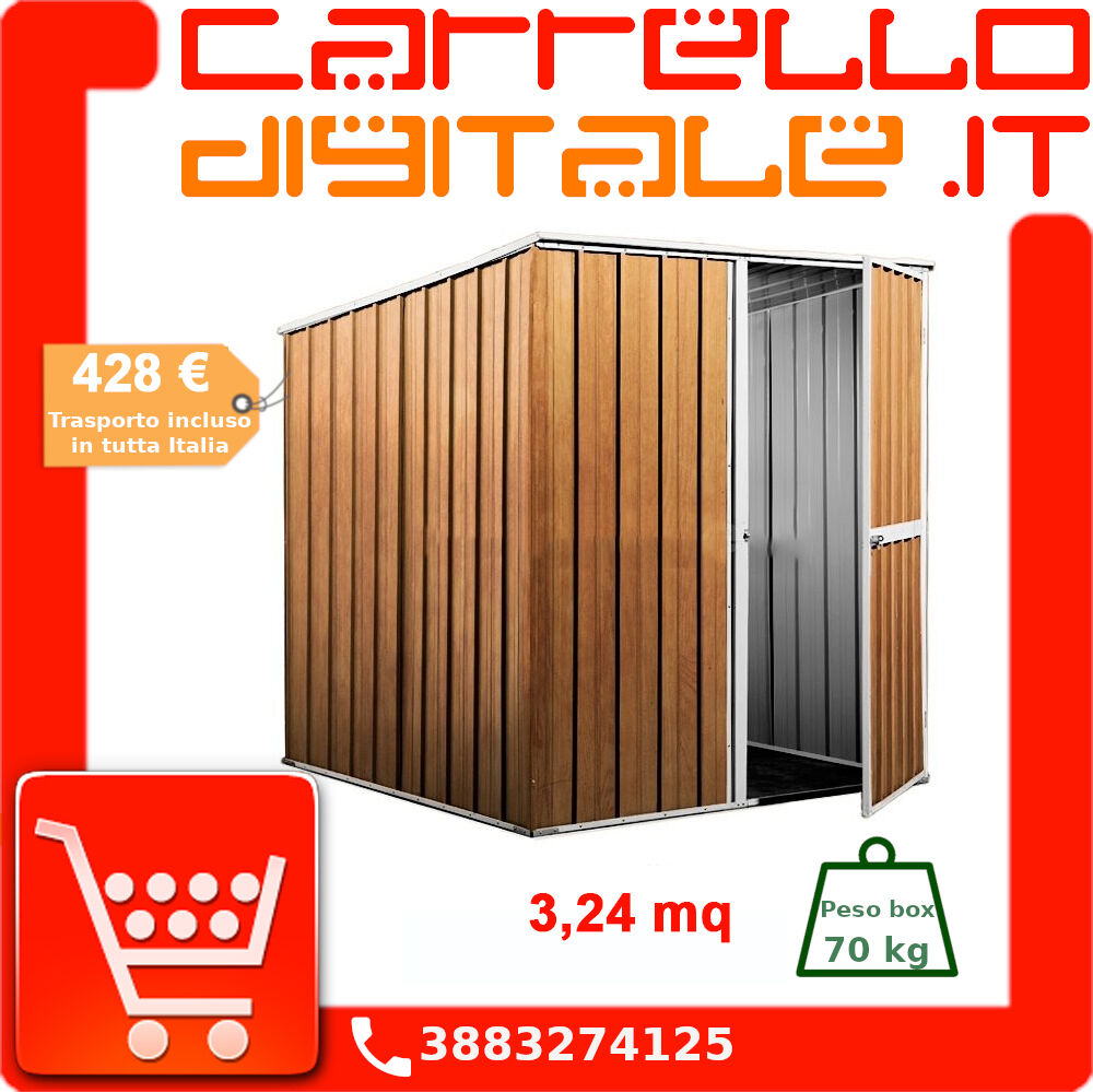 Box in Acciaio Zincato Casetta da Giardino in Lamiera 1.75 x 1.85 m x h1.92 m - 70 KG - 3,24 metri quadri - LEGNO