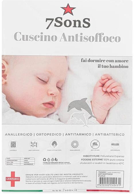 7SONS Cuscino Lettino Antisoffoco Sfoderabile Cm 45x32 Art 7s0401 FOTO