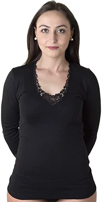 NEW DAY 3 T-Shirt Manica Lunga Intime Donna Caldo Cotone Con Pizzo Macrame' Art M/l Macrame' Colore E Misura A Scelta NERO