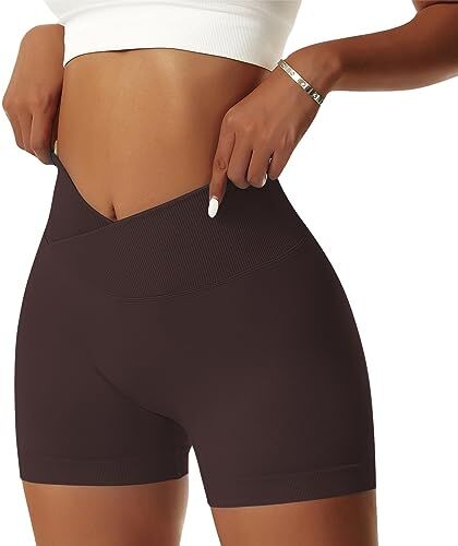 NIBESSER Pantaloncini Donna Sportivi Push Up Leggins Corti Donna a Vita Alta Incrociata Shorts Donna Sportivi Senza Cuciture Aderenti Elasticizzati per Palestra Fitness Corsa Yoga, Marrone, M