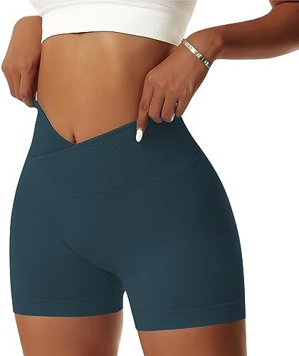 NIBESSER Pantaloncini Donna Sportivi Push Up Leggins Corti Donna a Vita Alta Incrociata Shorts Donna Sportivi Senza Cuciture Aderenti Elasticizzati per Palestra Fitness Corsa Yoga, Blu Pavone, L