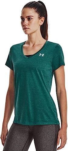 Under Armour Tech V-Neck Twist-Maglietta a Maniche Corte, (722) Teal/Birdie Green/Metallic Silver, XS Donna