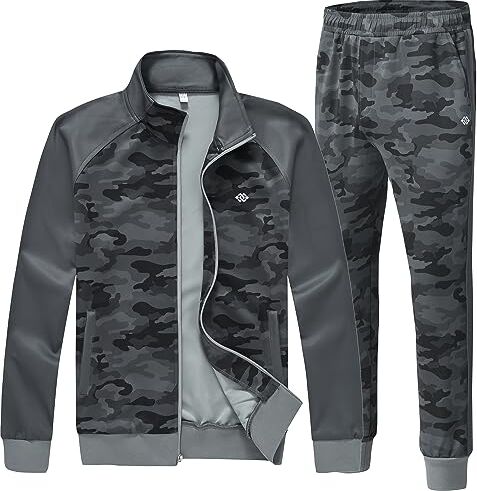 MoFiz Tuta Uomo Atletico Jogging Felpa Manica Lunga Sportive con Cerniera Tute Activewear Camo-Grigio L