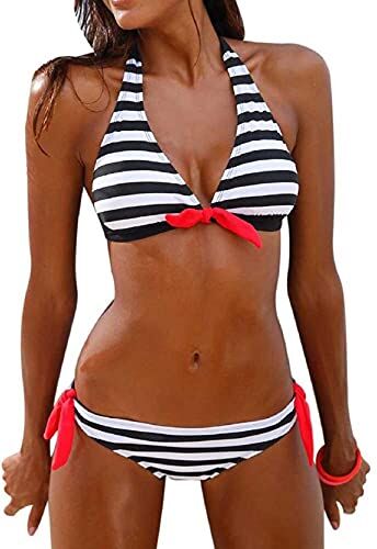 Tuopuda Costume da Bagno Donna Due Pezzi Righe Bikini Set Collo Appeso Swimwear Coordinati da Bikini per Donna (Nero, S)