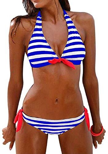 Tuopuda Costumi da Bagno Donna Bikini Due Pezzi Push Up Imbottito Righe Halter Top Reggiseno con Slip Costume Mare Coordinati Sexy Spiaggia Regolabile Brasiliana Bikini Set Estivi Beachwear, Blu, M