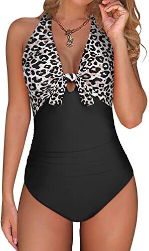 UMIPUBO Costume da Bagno Intero Donna Push Up a Vita Alta Costumi da Mare Interi Sexy Scollo V Swimsuit Un Pezzo Controllo della Pancia Spiaggia Beachwear Imbottito Halter Swimwear (Leopardato, S)