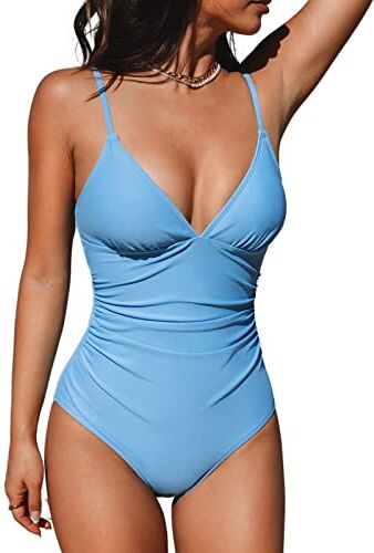 CUPSHE Costume da Bagno Intero da Donna Costumi da Bagno Scollo a V Profondo Controllo della Pancia Schiena Bassa Cinghie Regolabili XS Baby Blue