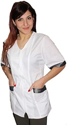 Camici da Lavoro Donna con Zip,Casacca,a Scelta tra 4 Colori, Estetista,parrucchiera, MAESTRA Asilo,Alimentari (L, Bianco Inserto Laminato Nero)