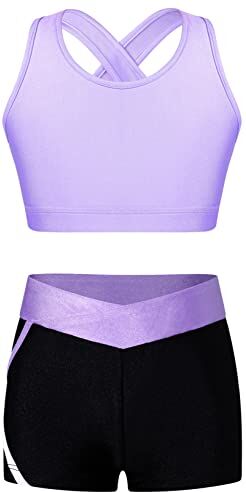 Freebily Tuta Ginnastica Artistica Bambina Crop Top Canottiera Stringer Ragazza Pantaloncini Vita Bassa Elastica Leggins Corti Sportivi Fitness Completo Danza Moderna Lanvanda L 15-16 anni