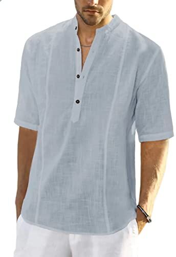 Meilicloth Camicia Lino Uomo Coreana Cotone Manica Corta Estiva Henley Casual con Bottoni Regular Fit Grigia XL