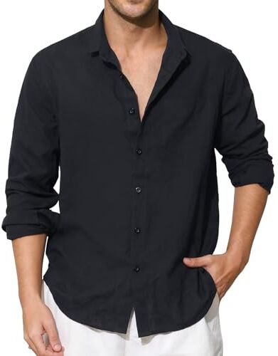 Enlision Camicia di Lino Nera Uomo Manica Lunga Estiva Camicie Collo Coreana in Cotone Henley Shirts a Bottoni Tinta Unita Elegante Casual 3XL