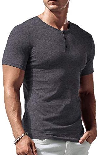 palglg Uomo vestibilità Slim Manica Short Henley Maglietta Casuale Scollo a V. Magliette Cotone Grigio Scuro XL