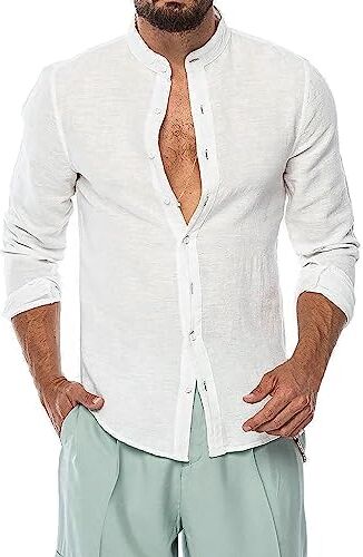 Evoga Camicia Uomo di Lino Manica Lunga Slim Fit Casual Estiva Coreana (S, Bianco)