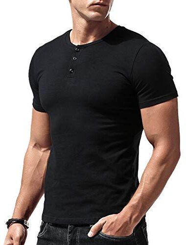 palglg Uomo vestibilità Slim Manica Short Henley Maglietta Casuale Scollo a V. Magliette Cotone Nero XL