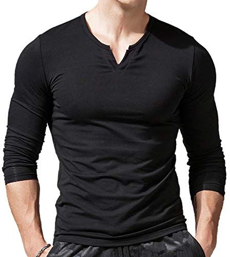 palglg Uomo vestibilità Slim Manica Lunga Henley Maglietta Casuale Scollo a V. Magliette Cotone Nero X-Large