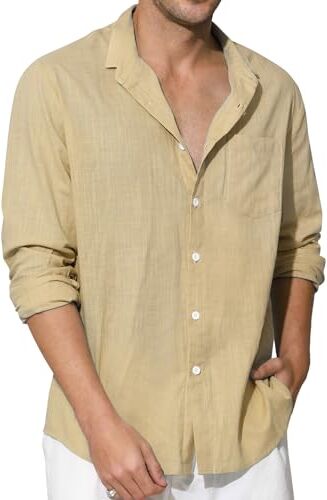 Enlision Camicia Beige Uomo in Lino Manica Lunga Estiva Camicie Giallo Chiaro Cotone Collo Coreana Henley Shirts con Bottoncini Elegante Spiaggia L