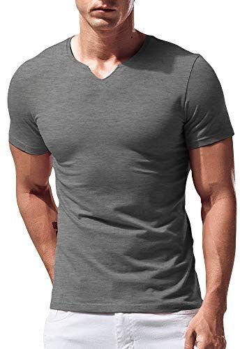 palglg Uomo vestibilità Slim Manica Short Henley Maglietta Casuale Scollo a V. Magliette Cotone Grigio Scuro X-Large