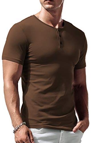 palglg Uomo vestibilità Slim Manica Short Henley Maglietta Casuale Scollo a V. Magliette Cotone Marrone S