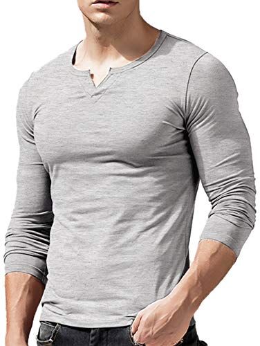 palglg Uomo vestibilità Slim Manica Lunga Henley Maglietta Casuale Scollo a V. Magliette Cotone Grigio X-Large