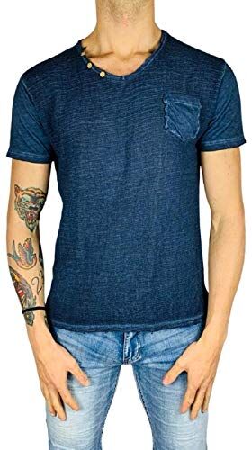 Fashion Moda Uomo Scollo a V Lino T-Shirt Slim Fit Maniche Corte Maglia magletta Cotone Moda Estate Bottoni Taschino Lino Made in Italy (Blu, L)