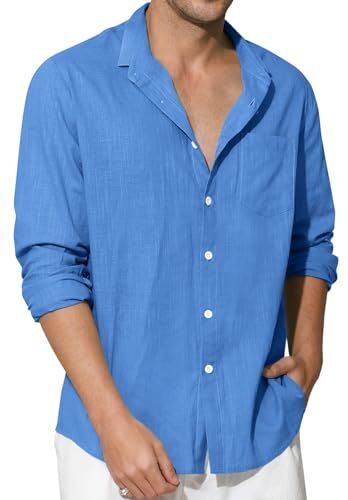 Enlision Camicia di Lino Uomo Manica Lunga Estiva Camicie Blu Reale Collo Coreana Cotone Henley Shirts a Bottoni Tinta Unita Elegante Casual 4XL