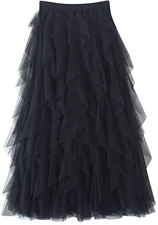 DianShaoA Donna Gonna Lunga di Tulle Elastico in Vita Stile Elegante Casual Irregolare Tulle Gonna Pieghe Nero