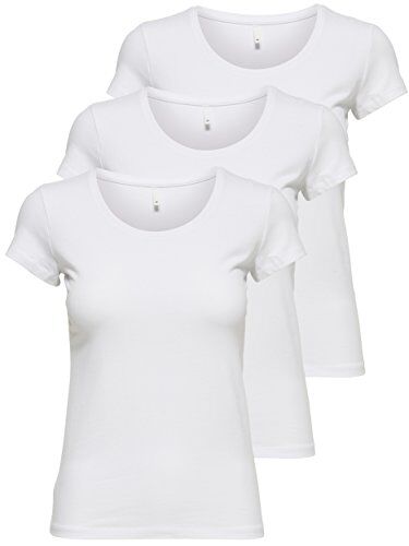 Only 15209153 - Confezione da 3 magliette da donna a maniche corte basic, essenziali, estive, nero o bianco, bianco, L