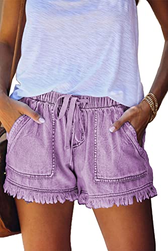 HVEPUO - Pantaloni corti, da donna, in cotone, lino, con elastico, A-Lilla, S