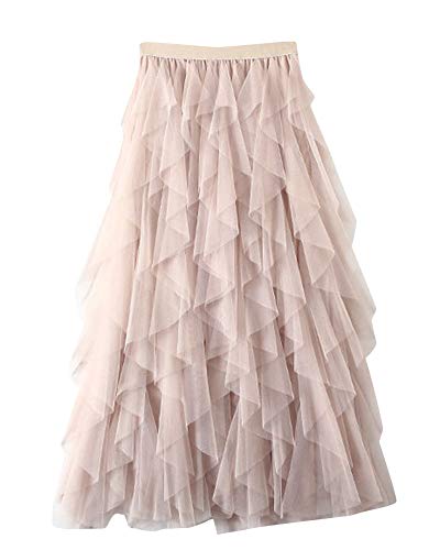 DianShaoA Donna Gonna Lunga di Tulle Elastico in Vita Stile Elegante Casual Irregolare Tulle Gonna Pieghe Albicocca