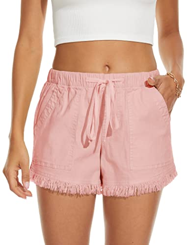 HVEPUO - Pantaloni corti, da donna, in cotone, lino, con elastico, F-rosa, XXL