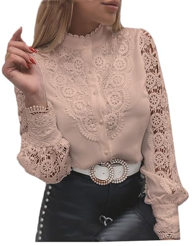 Minetom Donna Camicia Manica Lunga Blusa Elegante Maglietta Camicie in Pizzo Tinta Unita Oversize Scollo a V Shirt Top C Rosa M