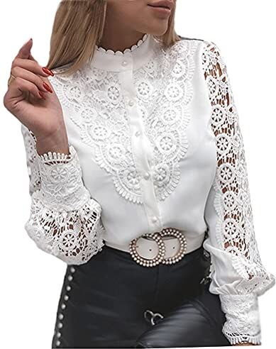 Minetom Donna Camicia Manica Lunga Blusa Elegante Maglietta Camicie in Pizzo Tinta Unita Oversize Scollo a V Shirt Top C Bianco S