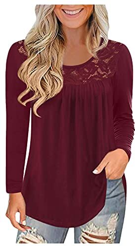 Modaworld Bluse Maglietta Top Donna a Maniche Lunghe Ricamato Pizzo Girocollo Elegante T-Shirt Camicia Casual Sexy Chic Moda Vintage con Ricamo Donna Tops Irregolare