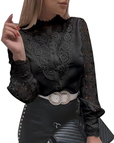 Minetom Donna Camicia Manica Lunga Blusa Elegante Maglietta Camicie in Pizzo Tinta Unita Oversize Scollo a V Shirt Top C Nero XL