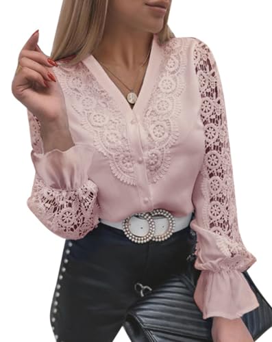 Minetom Donna Camicia Manica Lunga Blusa Elegante Maglietta Camicie in Pizzo Tinta Unita Oversize Scollo a V Shirt Top B Rosa L